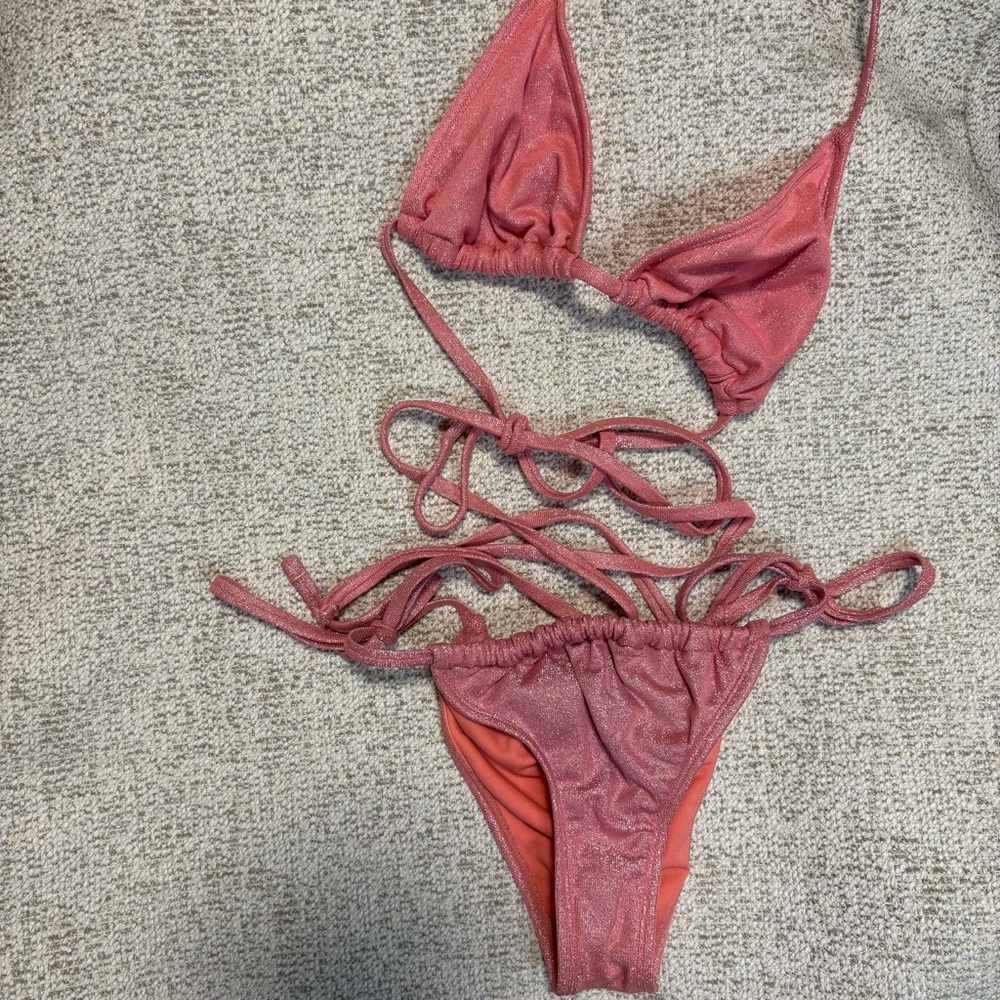 Coral Sparkly Two Piece Triangle Adjustable Tie Bikini Set
